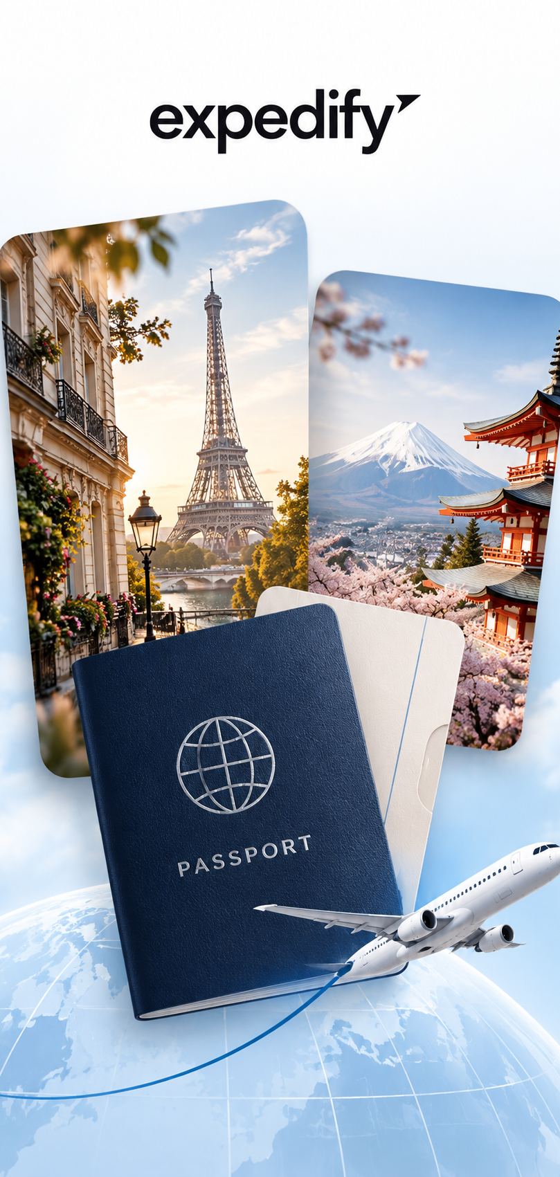 Expedify passport with travel photos of Paris and Japan over a globe
